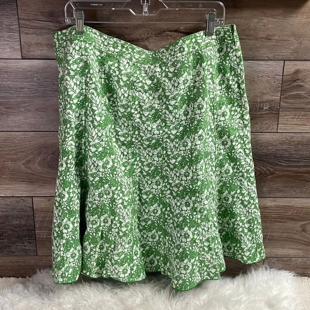 LIZ CLAIBORNE Linen Floral Swing Side Zip Skirt Green White Size Petite 16